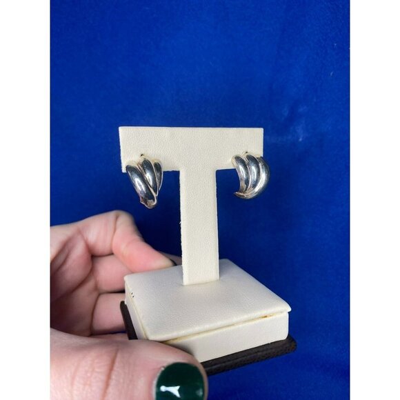 Estate Sterling Silver Half‎ Hoop Fan Design Pierced Post Earrings! 141 - Picture 6 of 9